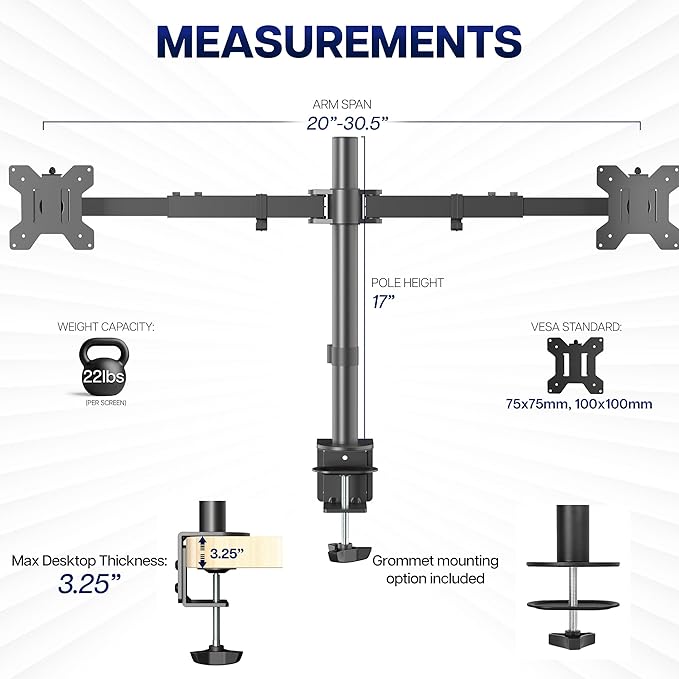 VIVO Dual LCD LED 21 to 32 inch Monitor Desk Mount, Heavy Duty, Adjustable Telescoping Arms, Flush Wall Setup, Fits 2 Screens, Black, STAND-V002E