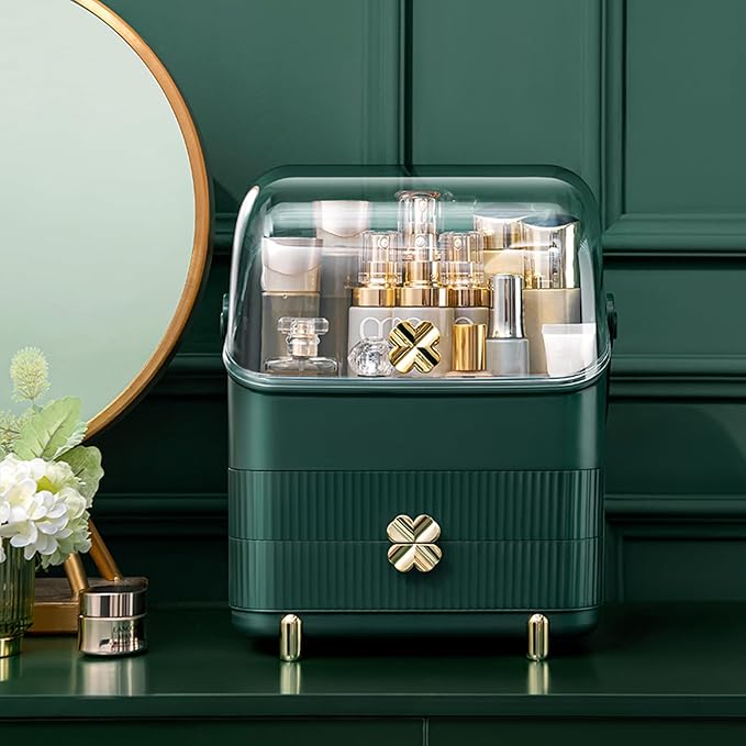 Preppy Skincare Organizers Makeup Organizer Holder Cosmetic Storage Box Display Case 3 Tiers Dust Free Cover Portable Handle 2 Rroomy Drawers Gift Great For Bathroom Countertop Dresser Dark Green