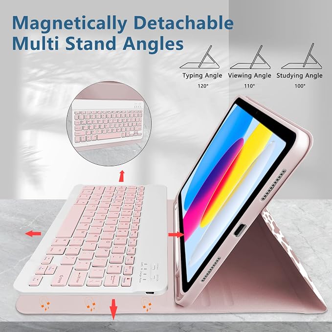 for Bluetooth Keyboard for iPad 10th Gen 10.9 inch (2022) case (A16) 11th / 10th Gen Case 11'' (2025) with 7-Color Backlights Pencil Holder Detachable Rechargeable - Black Cow