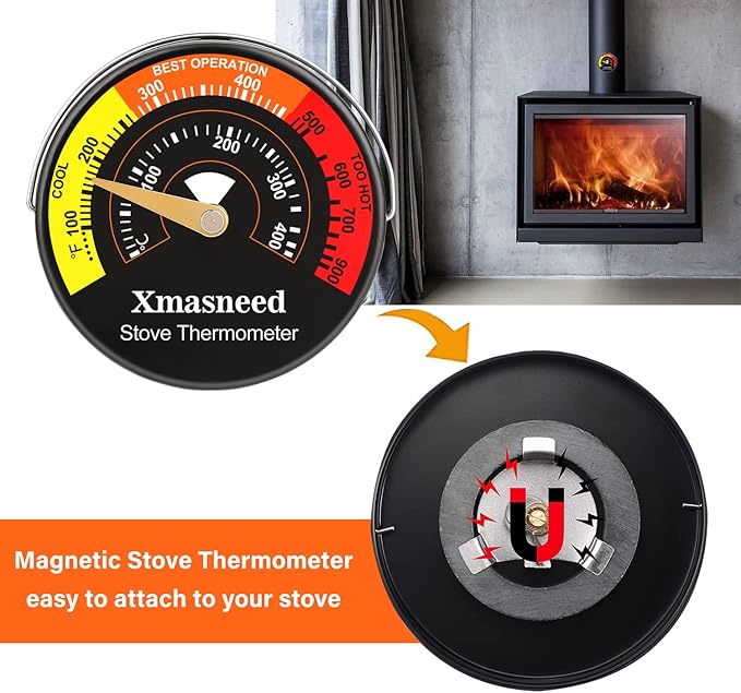 Wood Stove Thermometer Magnetic, Stove Top Thermometer for Wood Burning Stoves, Gas Stoves, Pellet Stove