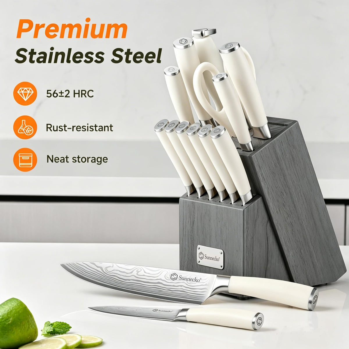 Knife Set with Block and Sharpener, 15 Piece Kitchen Knife Block Set