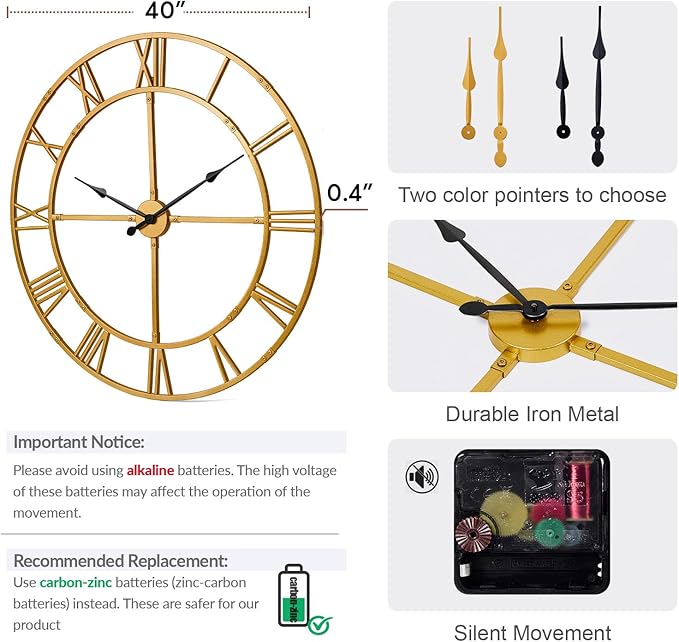 Ohweog Large Wall Clock for Living Room Decor – 40 Inch Silent Non-Ticking Modern Farmhouse Wall Clock, Oversized Decorative Metal Roman Numeral Clock