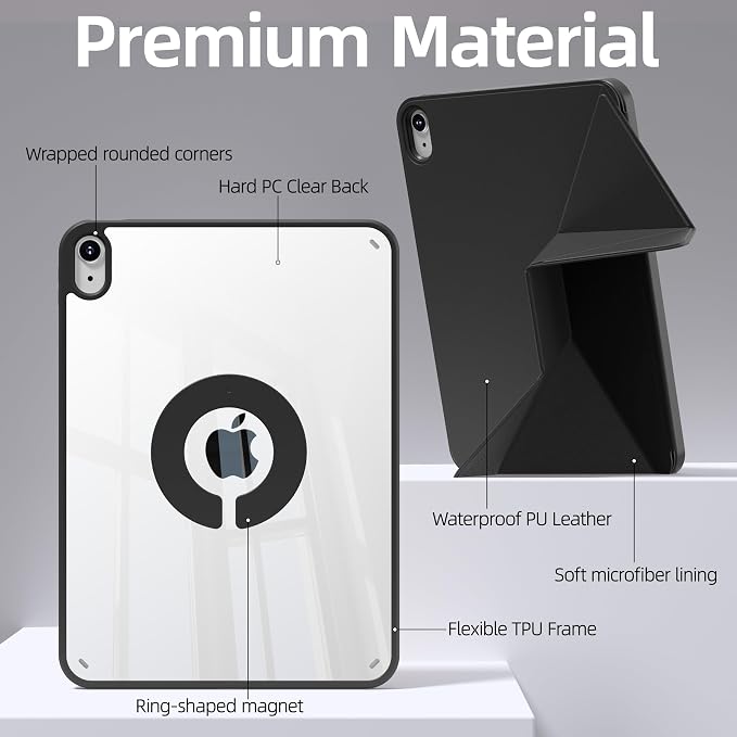 kenke Case for iPad Air 11'' M4/M3/M2 Air 10.9'' 5th/4th Gen Black | Detachable Rotating 360° Magnetic Clear Back Multi-folding Stand Cover Pencil Holder Auto Wake/Sleep Touch ID