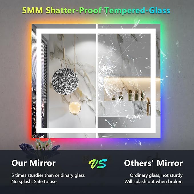 YEELAIT 32x36 Inch RGB LED Bathroom Mirror Front Light and RGB Backlit Lighted Vanity Mirror for Bathroom Wall Mounted Dimmable Anti Fog Memory Shatter-Proof IP54 Waterproof Horizontal/Vertical