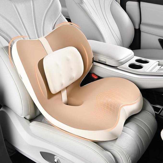 FLORICH 2 in1 Truck Seat Cushion and Lumbar Support Pillow Memory Foam Car Seat Cushion with Adjustable Strap for Truck Driver Long Drives, Fits Semi Truck Seat,Car,Office&Gaming Chair(Light Brown)