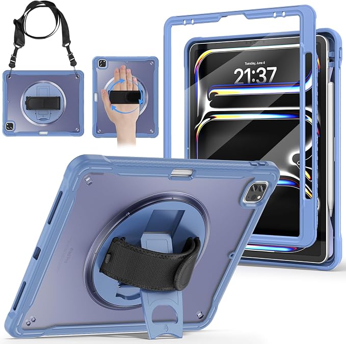 BRAECNstock Full-Body Case for iPad Air 13/Pro 12.9(3-6th)Khaki | Drop-Proof Case with Pencil Holder &amp Screen Protector | 360° Stand for Hands-Free Travel Strap | DIY-Friendly Frosted Back