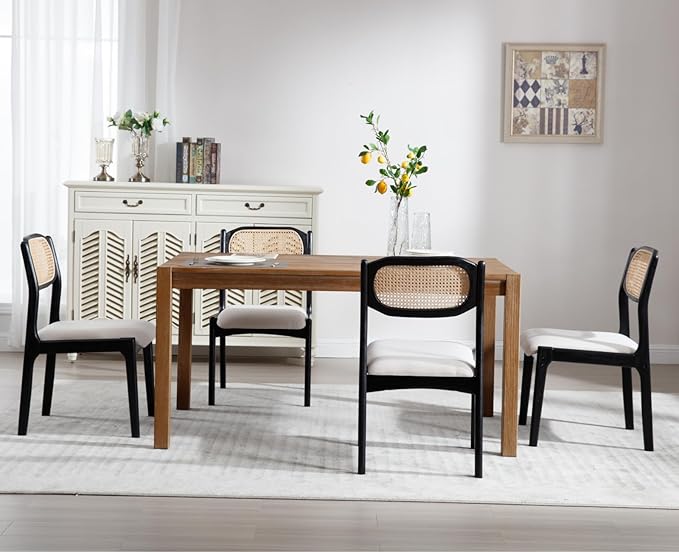 EALSON Farmhouse Rattan Dining Chairs Set of 6 Modern Mid Century Dining Room Chairs Upholstered Linen Kitchen Side Chairs with Cane Back/Black Wood Frame for Living Dining Room,Beige