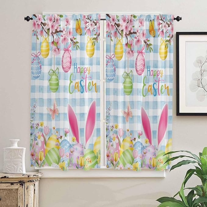 Happy Easter Bedroom Curtains 63 Inches length, Spring Watercolor Bunny Eggs