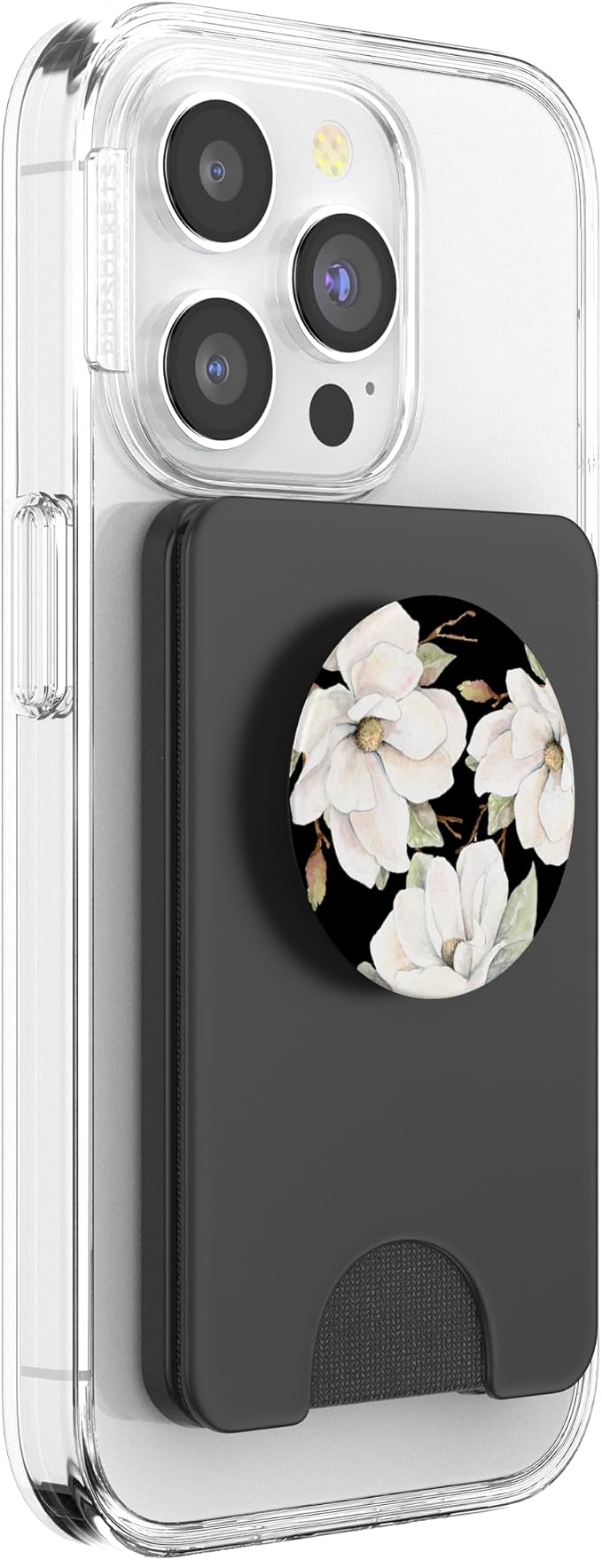 White Magnolias Floral Pattern on a Black Background PopSockets Adhesive PopGrip