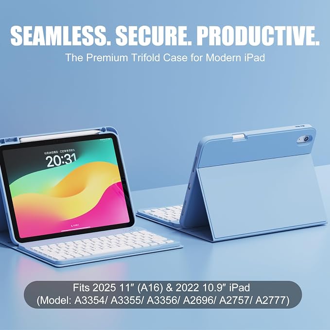 Case for iPad (A16) 11th Generation 11 Inch 2025/iPad 10th Generation 10.9 Inch 2022｜Built-in Pencil Slot · Slim Trifold Stand · Full Protection｜Sky Blue