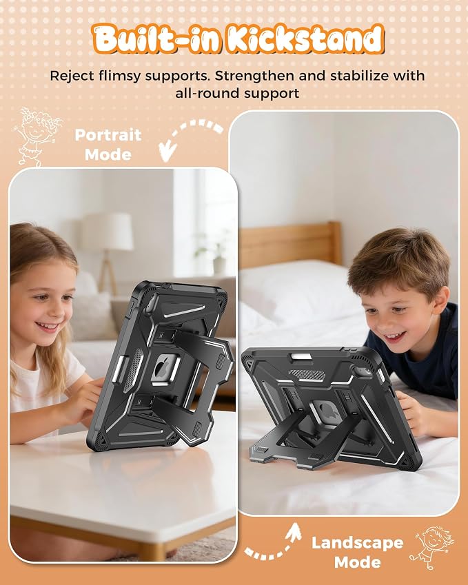 INFILAND Kids Case for iPad A16 11th Generation 11 Inch (2025) iPad 10th Generation 10.9 Inch (2022) Heavy Duty Rugged Shockproof Protective Cover with Dual-Support Folding Kickstand (Black)