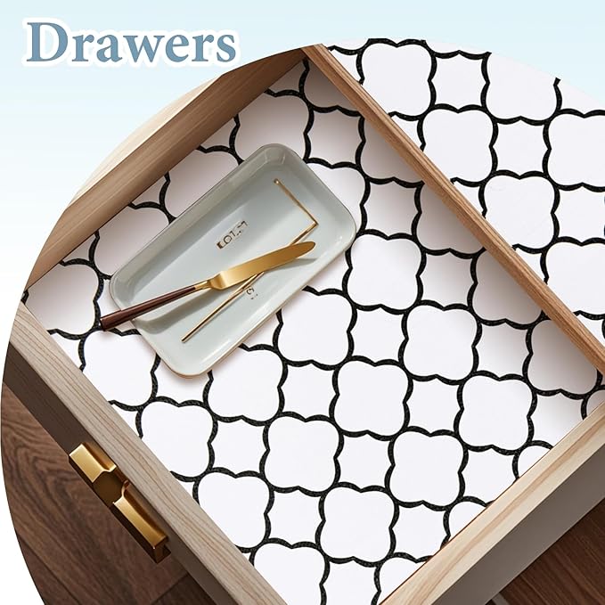 Shelf Drawer Liners for Kitchen Cabinets 17.3 x 354 Inches Non Adhesive Drawer Liner Thickened Refrigerator Liner Black Quatrefoil Strong Non-Slip Paper for Tool Box with Knife and Tape Measure