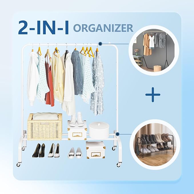 JIUYOTREE Metal Clothing Rack with Wheels, 43.3 Inches Rolling Clothes Garment Coat Rack with Bottom Shelf, Clothing Rack for Hanging Clothes, Coats, Skirts, Shirts, Sweaters, White