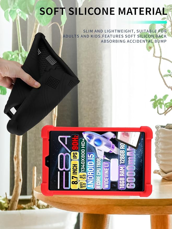 Case for Zuleisy E8A Android 15 Tablet 8.7 inch，WUNIAK Shock Proof Lightweight Stand Rubber Shell Protective CoverKids Friendly Soft Silicone Adjustable Stand CoverBlack