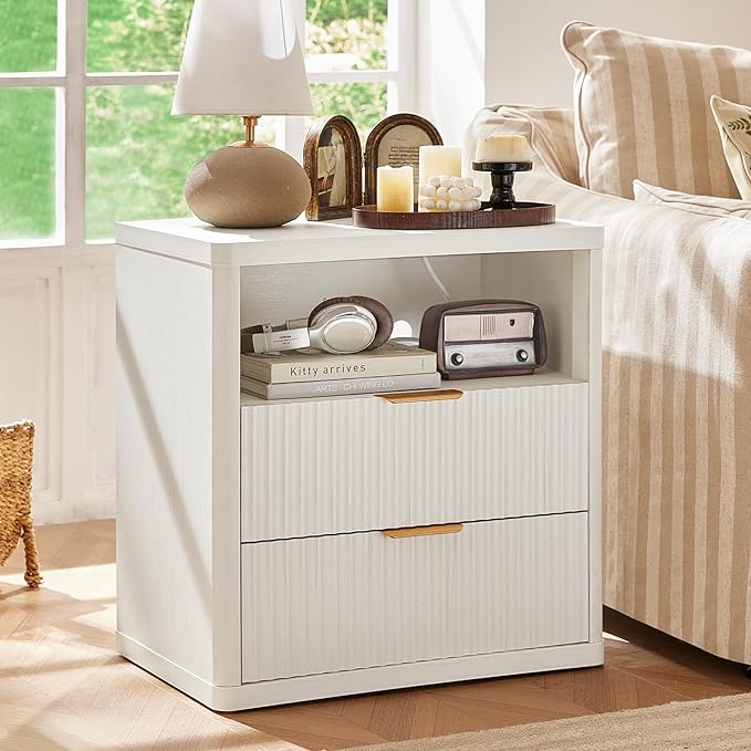 LEYAOYAO Fluted Farmhouse Nightstand Set of 2 with Charging Station, 23" Wide 2 Drawers End Table,White Dresser for Bedroom,Bed Side Table Chest of Drawers Cabinet,Wood Night Stand for Living Room