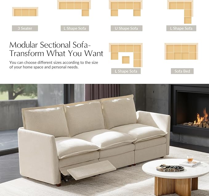 HULALA HOME 98'' Power Recliner Sofa with Dual-Layered Cushions, Oversized Modular Sectional Sofa with Storage Ottoman, Modern 3 Seater Cloud Couch for Living Room, Beige