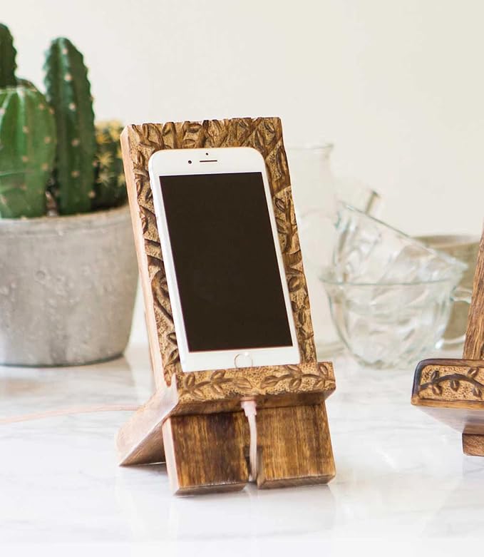 Matr Boomie Hand Carved Solid Wood Phone Holder Stand Docking Charging Station for Smartphones