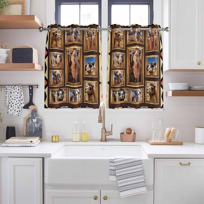 2 Panel Kitchen Cafe Curtains, Wildlife Camels Sunlight Filtering Nature Air