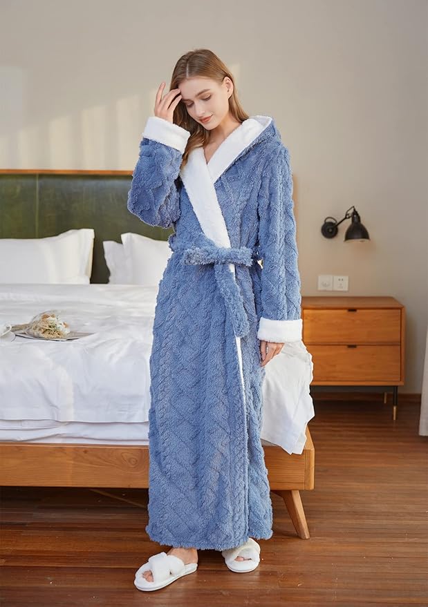 LKG women's robes long plush hooded ladies shower luxury christmas warm fuzzy robes house coat bathrobe for women full length
