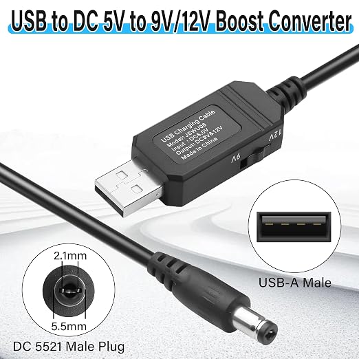USB 5V to 9V/12V DC Step-up Cable5V U S B to DC5521 9V/12V Boost Power Cable with SwitchUSB-A to DC 5.5X2.1mm Voltage Boost Cablefor CameraRouterDashcam-3.28Ft (DC5.5X2.1)