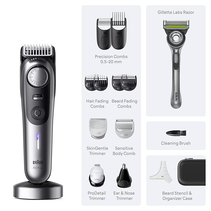 Braun Series 9 PRO All-in-One Beard and Body Trimmer for Men with Gillette Labs Razor, Cordless Grooming System with Precision Length Control, Rechargeable Electric Facial Hair Tool, AIO 9570
