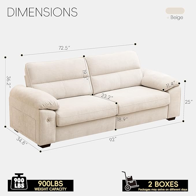 Ihanherry 92" Modern Sofa for Living Room, Deep Seat Chenille Couch with Fast Charging Port & Removable Washable Cushions, Pillow-Armrest Loveseat for Small Space/Apartment, Sturdy Frame, Beige