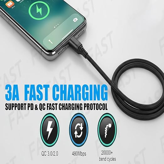 5-Pack USB-A to USB-C Cables – Extra-Long 10 ft (3 m) 3A Fast Charging Braided – Compatible with iPhone 15/16/17 Galaxy S25/S24/S23 Pixel PS5 &amp More