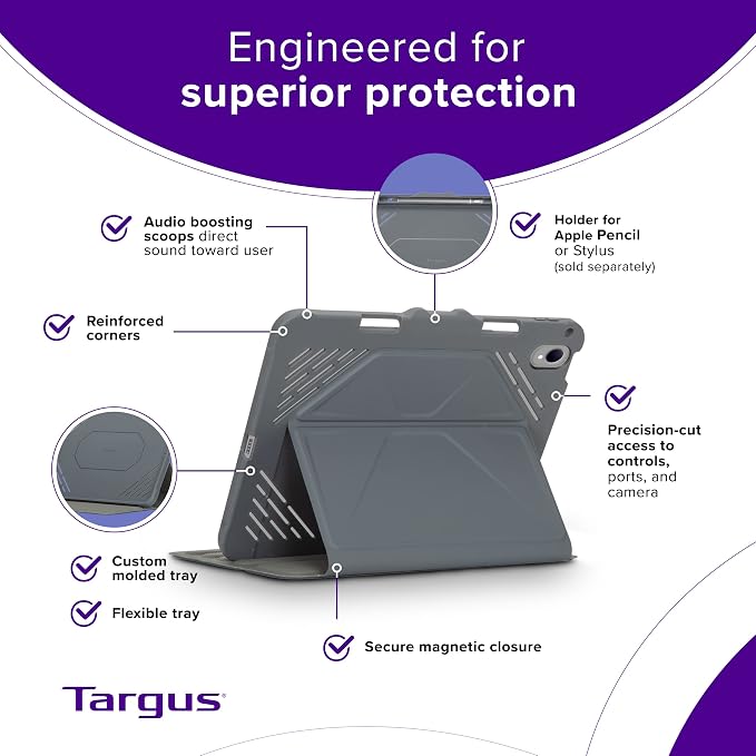 Targus VersaVu iPad 10th Generation Case 2022 iPad 10.9 Inch Case 10 Case 360 Degree Rotating Military Grade Drop Protection Cover for 10.9â€ 10th Gen 2022 Magnetic Close Black (THZ935GL)