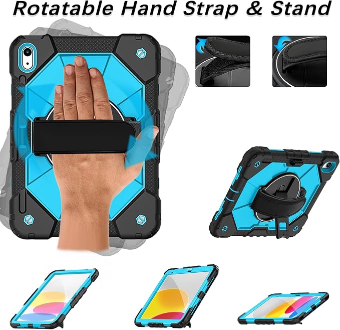 Weuiean Case for iPad A16 11th/10th Generation 11/10.9 Military-Grade Heavy-Duty Shockproof Cover with 360° Rotating Stand Built-in Pencil Holder &amp Adjustable Hand/Shoulder Strap - Black