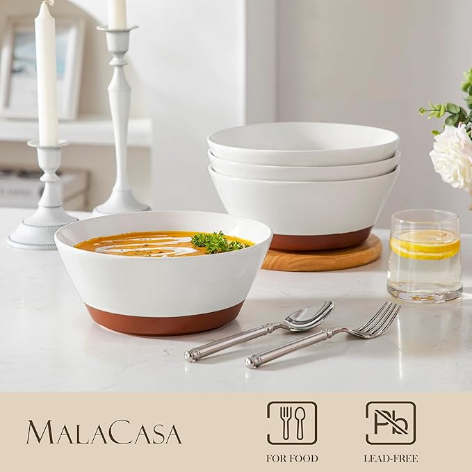 MALACASA Salad Bowls Set of 4, Soup Bowls for Kitchen, 60oz Large Ceramic Bowl for Ramen, Cereal, Fruit, Pho and Pasta, Microwave & Dishwasher Safe, Speckled Deep Bowls, White & Brown