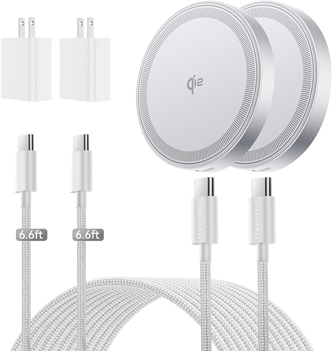THREEKEY 15W Magnetic Wireless Charger Qi2 Wireless Phone Charger with 6.6ft Cable Fast Charging Pad for iPhone 17 Air 16 15 14 13 12 Pro Max Airpods(20W Adapter Included) 2 Pack