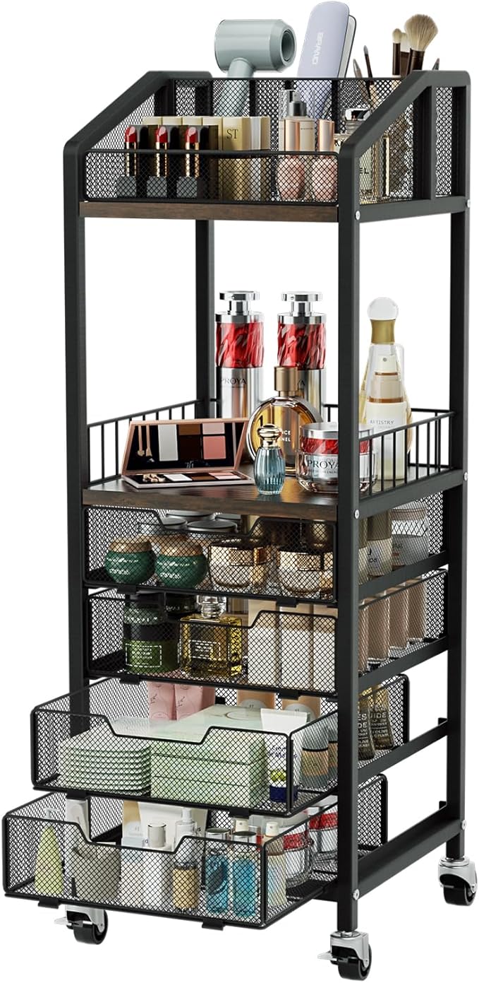 HapiRm Makeup Organizer Storage Cart - Floor Skincare Make Up Storage with 4 Drawers, Rolling Makeup Cart Vanity Organizer Cosmetics Display Cases Holder for Skin Care Perfume Nail Polish