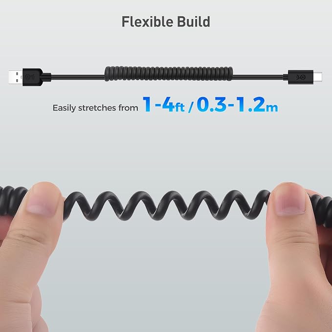 Cable Matters 2-Pack USB to USB C Coiled Cable 3A/15W 1-4ft | Supports Apple CarPlay and Android Auto for iPhone 17/16 Galaxy S23 iPad Coiled USB A to USB C Cable