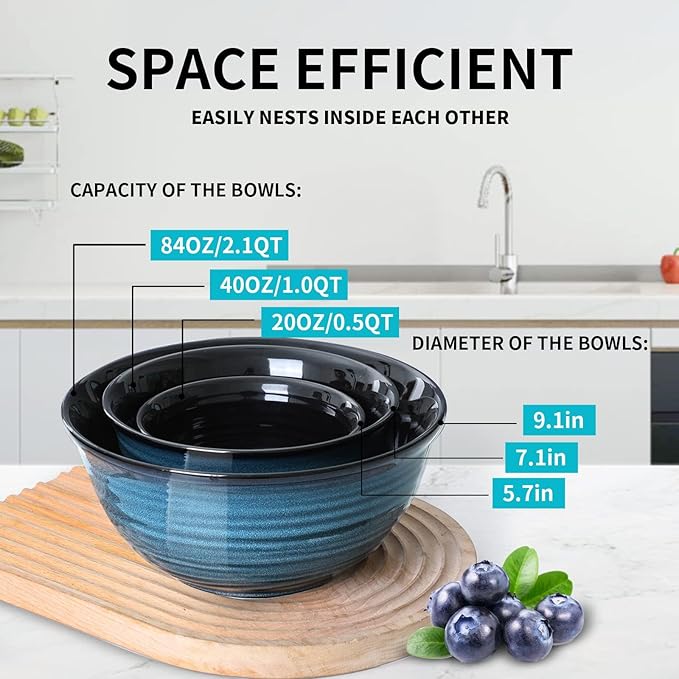Ceramic Mixing Bowls, Tikooere Serving Bowls Set of 3 for Kitchen, Large Nesting Bowls for Cooking,Baking, Versatile Serving Dishes for Space Storage, 2.1/1.0/0.5 Qt, Dishwasher & Microwave Safe, Blue