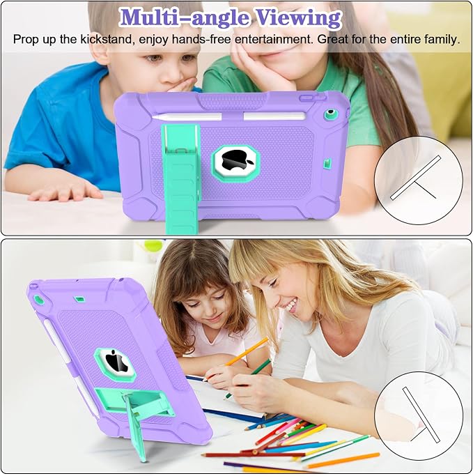 LTROP Case for iPad 10.2-Inch 9th/ 8th/ 7th Generation (2021/2020/ 2019) with Pencil Holder &amp Kickstand Hybrid Shockproof Rugged Protective Case for iPad 9/8/ 7 Gen 10.2 Purple and Green