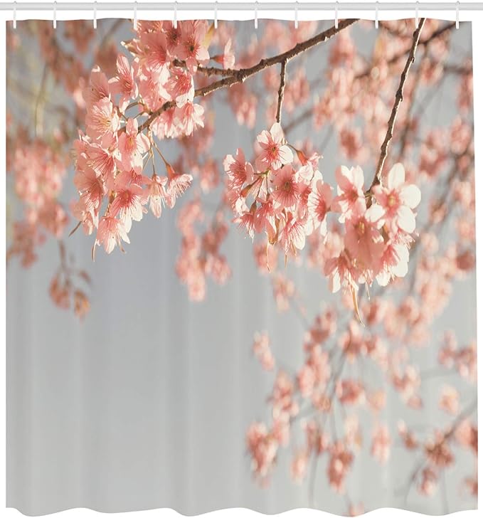 Ambesonne Peach Shower Curtain, Japanese Scenery Sakura Tree Cherry Blossom Nature Photography Coming of Spring, Cloth Fabric Bathroom Decor Set with Hooks, 69" W x 84" L, Bluegrey Coral