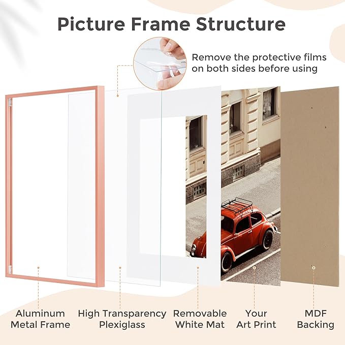 8x10 Picture Frame - Metal Frame With Mat 5x7 | 8 x 10 Aluminum Photo Frame | Plexiglass And Hanging Hardware Included | Black 8x10 Picture Frame | Rose Gold