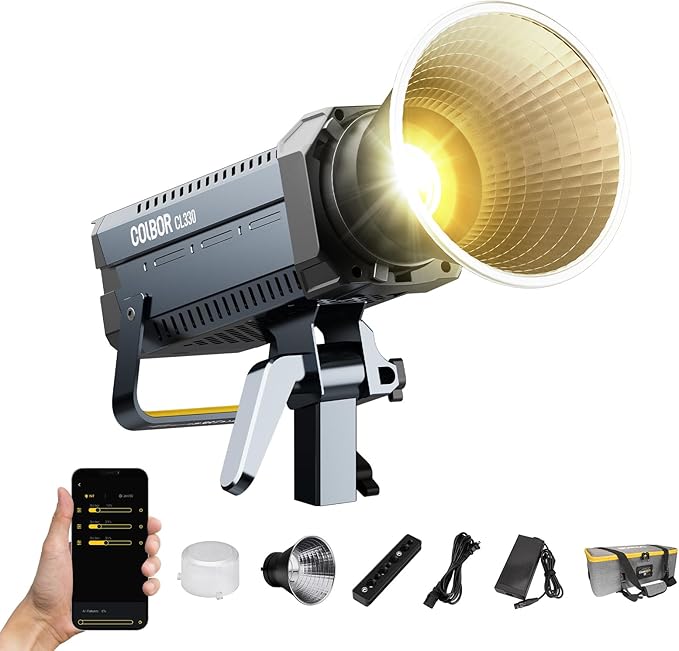Video Light, COLBOR CL330 330W Continuous Lighting 2700-6500K Bi-Color CRI96+ 65,800Lux@3.3ft COB Studio Light Professional with Bowens Mount APP 10 Light Effects, LED-Video-Ligh-Photographyt-Studio