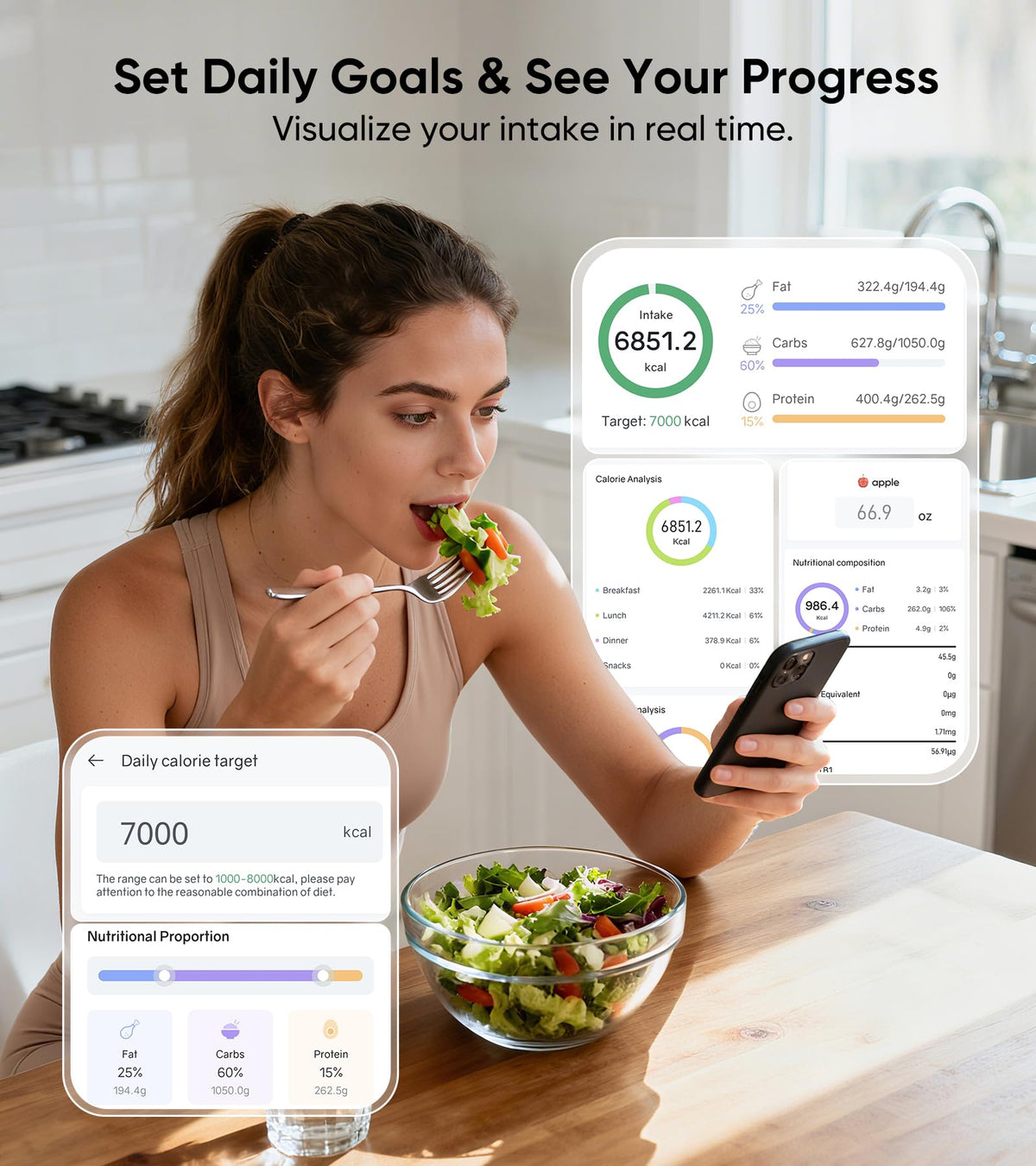 KUAIVO Smart Nutrition Food Scale with LED Display, Tracks Calories, Fat, Carbs & Protein via App, 1g Precision Digital Kitchen Scale for Healthy Eating & Meal Prep