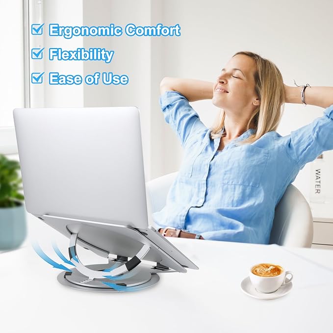 MOSISO Laptop Stand for Desk, Adjustable Aluminum Alloy Computer Stand with 360 Degree Rotating Base, Ergonomic Keyboard Riser Kickstand for Collaborative Work, Compatible with All Laptops, Silver
