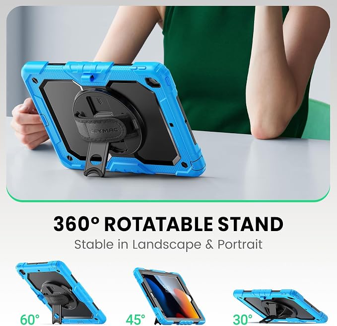 SEYMAC for iPad 9th/8th/7th Generation Case 10.2 2021-2019 Full-Body Shockproof Protective Case with Screen Protector Rotating Stand/Handle/Shoulder Strap for iPad 10.2 Blue/Black