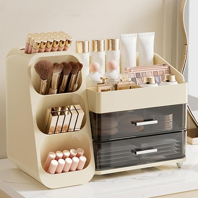 Makeup Organizer with Drawers, Large Capacity Cosmetics Display Case for Vanity, Countertop Storage Organizer for Office Bathroom, Beauty and Skincare Holder for Lipstick Brush Eyeshadow