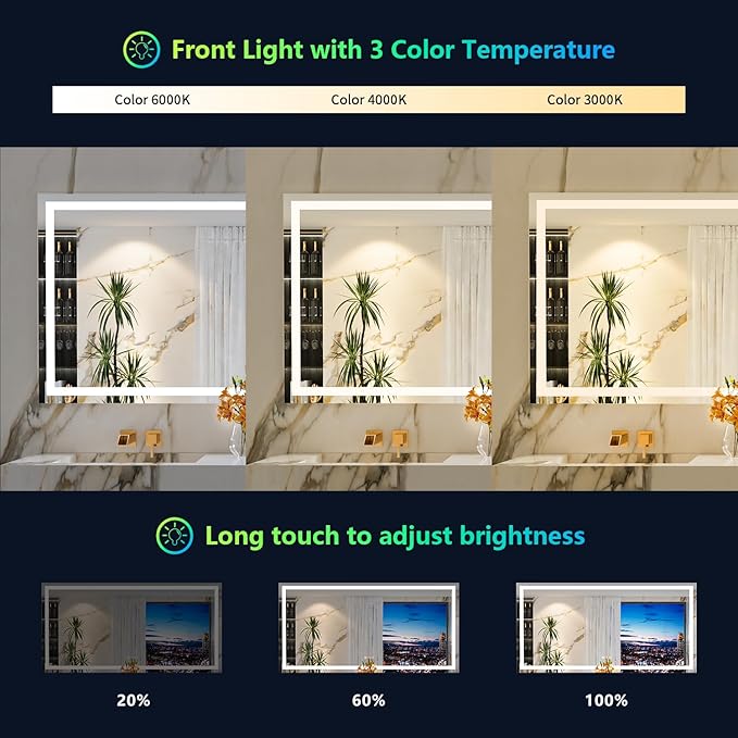 YEELAIT 60x40 Inch RGB LED Bathroom Mirror Front Light and RGB Backlit Lighted Vanity Mirror for Bathroom Wall Mounted Dimmable Anti Fog Memory Shatter-Proof IP54 Waterproof Horizontal/Vertical