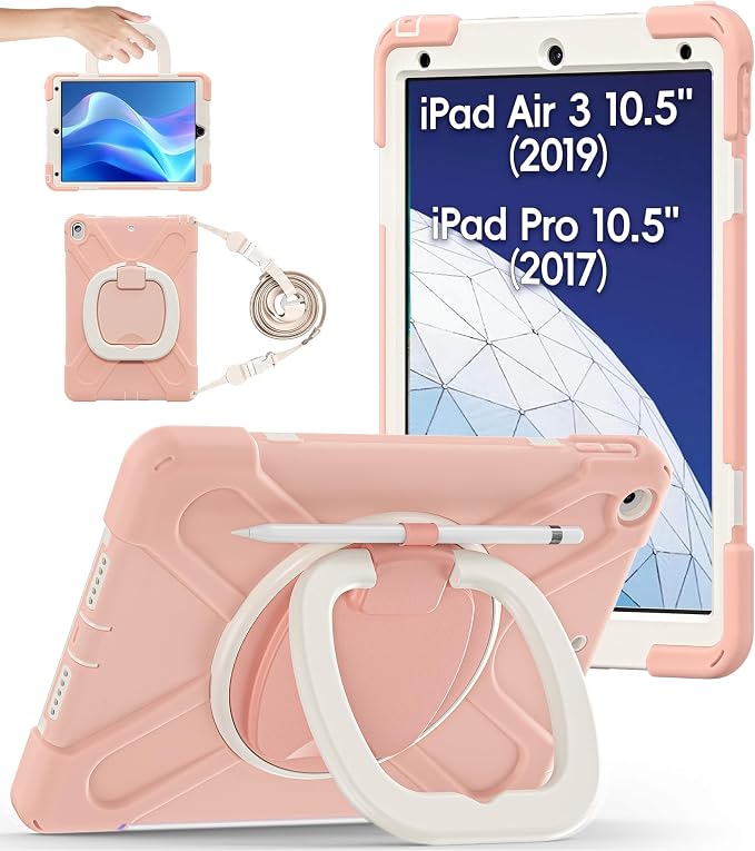 BATYUE Shockproof Case for iPad Air 3rd Gen 2019 &amp iPad Pro 10.5 2017 | with 360° Rotating Stand &amp Pencil Holder &amp Shoulder Strapfor Daily Use &amp Office/School/Outdoor - Navy Blue