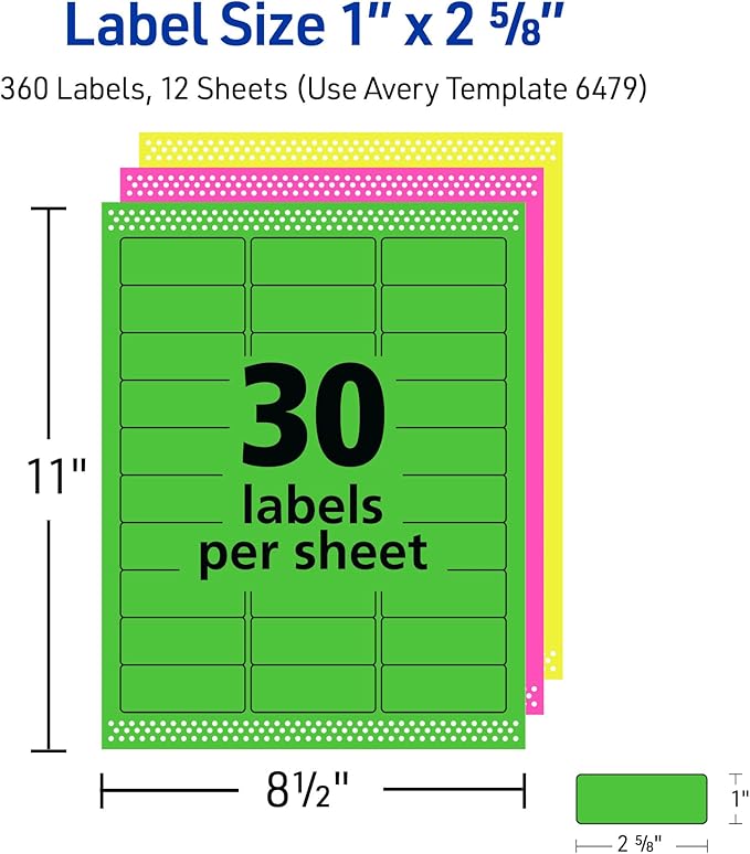 Avery Printable Labels with Sure Feed, 1" x 2-5/8", Assorted Neon Colors (Green, Magenta, and Yellow), Removable Adhesive, Laser & Inkjet Compatible, 360 Blank Labels Total (6479)