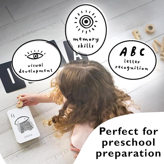Wee Gallery Educational Flashcards for Babies, Double Sided Black and White Learning Flash cards, Animal Alphabet Cards for Visual Stimulation and Cognitive Development of Infants and Toddlers