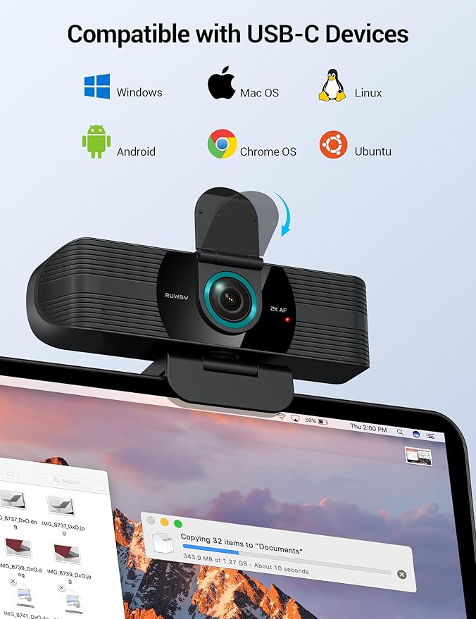 RUWBY QHD 2K Webcam with Built-in Dual Mics, Wide-Angle Lens, Privacy Cover, Tripod Stand, Autofocus PC Camera, Plug and Play for Desktop Computer or Laptop