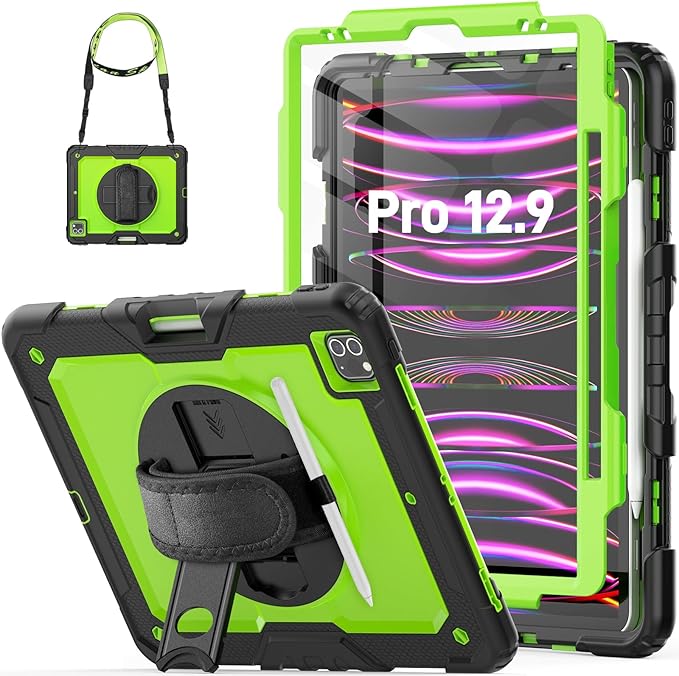 HXCASEAC Case for iPad Pro 12.9 Case (6th 5th 4th 3rd Generation) Shockproof Design | Pencil Holder | Hand Strap | Screen Protector | Heavy Duty Protective iPad 12.9 inch 2022/2021/2020/2018 - Black