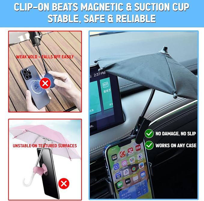 Phone Umbrella - Anti-Glare Sun Shade Phone Umbrella for Sun iPhone Clip On umbrella for phone sun shade Protects from Sunlight and Glare Outdoor Activities Universal Fit for All Smartphones