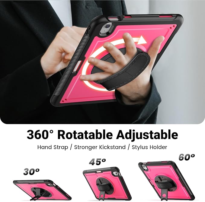 SCSVPN Kids Case for iPad Air 11 Inch M4 2026 / M3 2025 / M2 2024 Heavy Duty Shockproof Silicone Protective Case with Pencil Holder-Screen Protector-Rotating Stand-Handle-Shoulder Strap (Blue+Red)